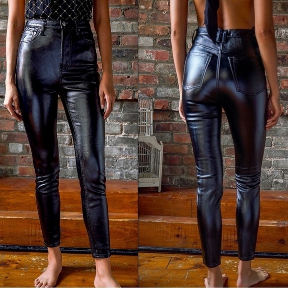 Free People Liquid Black Vinyl Jeans Size 31 Retro 70s Latex Shiny Goth Punk New - Picture 8 of 17